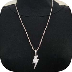 Silver Iced Out CZ Lightning Bolt Pendant on Rope Chain Necklace